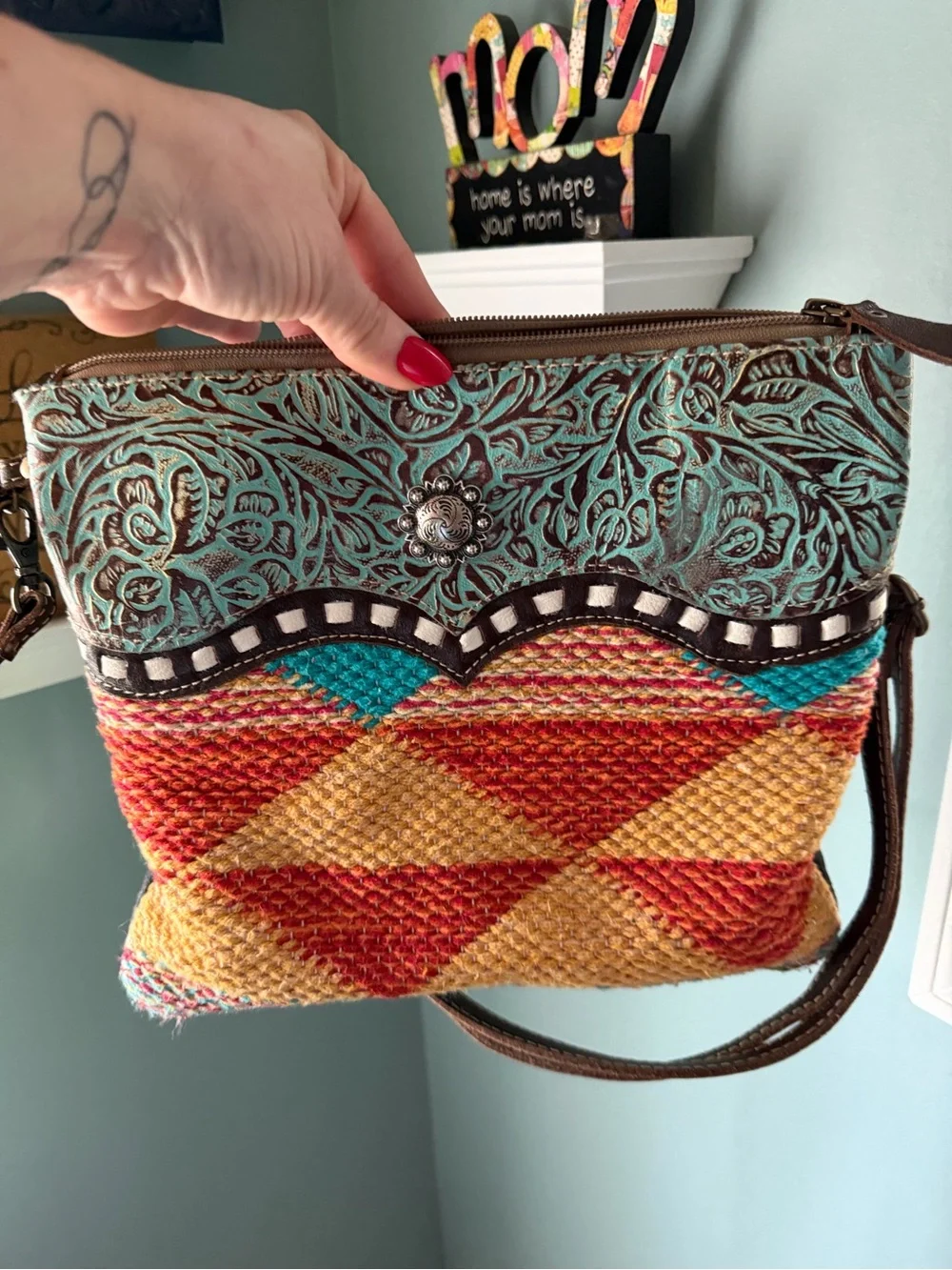 Myra Bag Turquoise, Red, Yellow & Brown Embossed Woven Crossbody